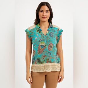 Just Pearls Teal Blouse with Intricate Dainty Lace Feminine Floral Detail Large